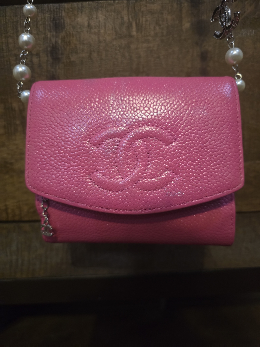 CHANEL Bubble Gum Pink Caviar Leather Mini Flap Bag with Pearl Chain